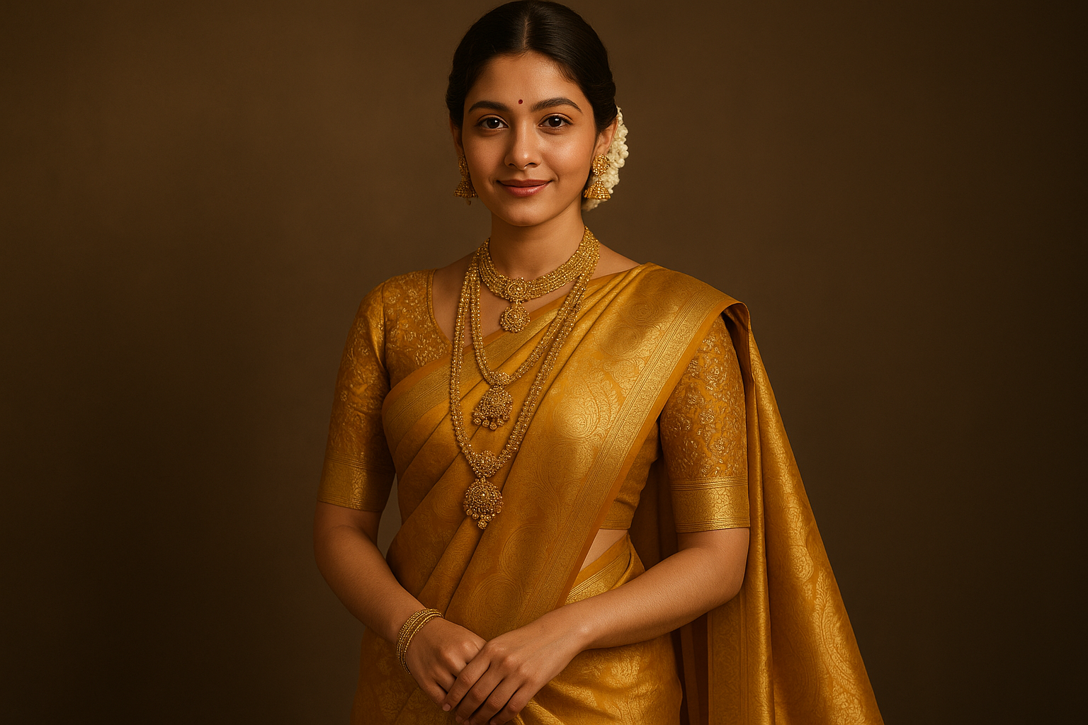 gold jwellery around her neck